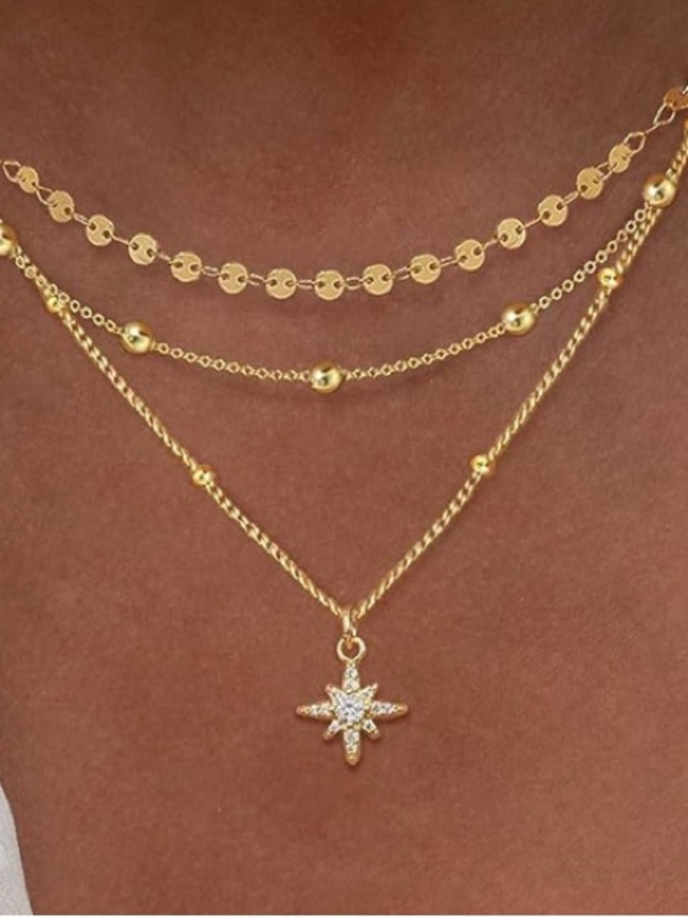 14K Gold Plated Layered Star Pendant Necklace Set